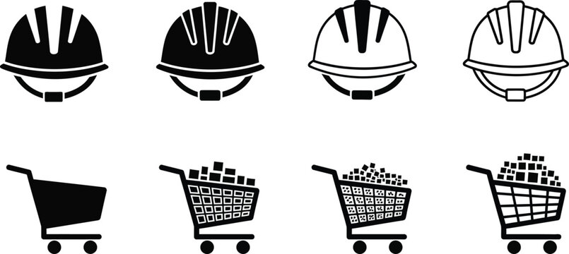 Construction helmet and shopping cart icons collection in modern black silhouette editable vector illustration styleConstruction helmet and shopping cart icons collection in modern black silhouette ed