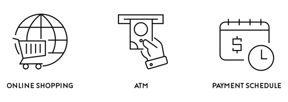 Financial technology line vector icons set featuring e-commerce online shopping globe trolley cart automated teller machine atm cash withdrawal hand and payment schedule calendar clock deadline