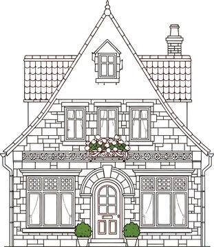 Elegant vintage townhouse line art illustration with ornate facade, steep roof, and classic European architectureElegant vintage townhouse line art illustration with ornate facade, steep roof, and cla