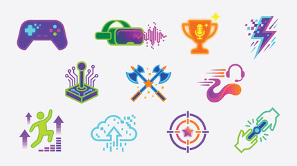 Obraz premium Collection of colorful gaming icons and symbols representing video games, esports, and virtual reality.