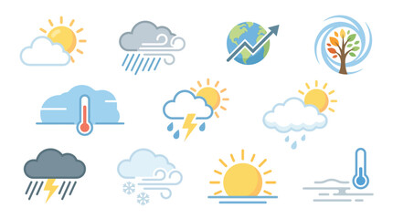 Obraz premium Collection of weather icons representing various meteorological conditions and forecasts.