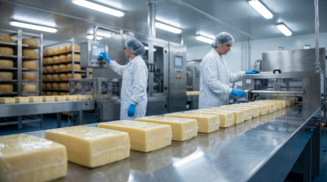 Two female workers in a modern cheese factory processing and packaging blocks of cheese on an automated production line conveyor belt