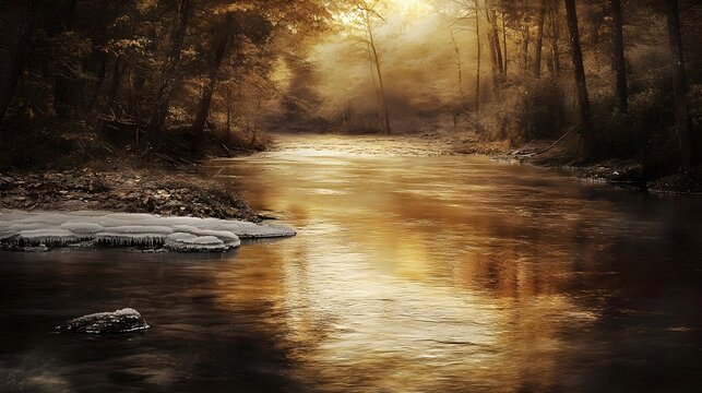Golden Hour River in Winter Forest