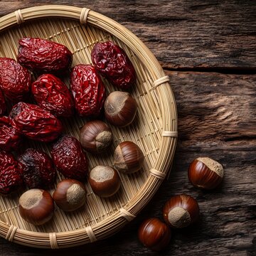 Dried red dates and chestnuts on hand-woven bamboo sifter