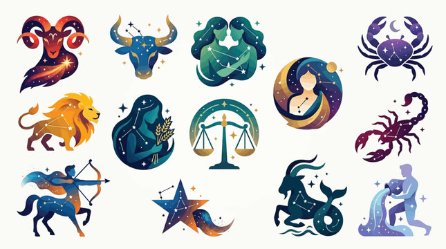 Collection of Zodiac Constellation Symbols and Icons with Cosmic Backgrounds.