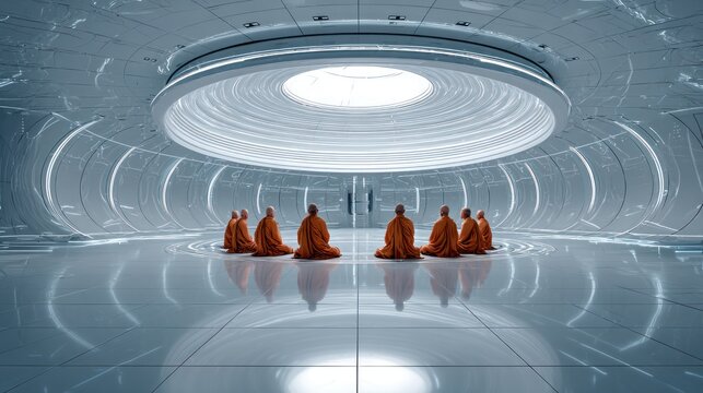 Meditating figures in orange robes inside a futuristic high tech interior space