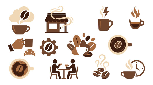 Collection of coffee icons and illustrations representing various aspects of coffee culture and consumption.