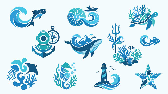 Collection of stylized marine life and nautical elements in blue tones, perfect for logos and icons.