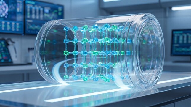 Advanced crystal structure model inside a transparent container in a high-tech laboratory, Glowing quantum qubit lattice network in a futuristic material science laboratory