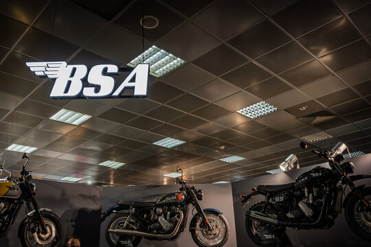 BELGRADE, SERBIA - MARCH 22, 2026: BSA logo above motorcycles in a Belgrade dealership, presenting the British motorcycle brand. BSA, or Birmingham Small Arms, is a British Motorcycle manufacturer.