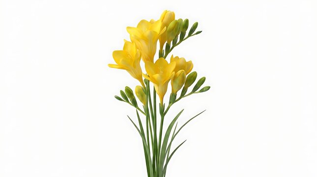 Vibrant yellow freesia flowers on green stems