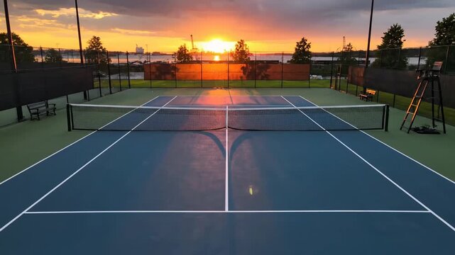 Empty tennis court at sunset, golden hour light casting long shadows, perfect for sports and leisure concepts