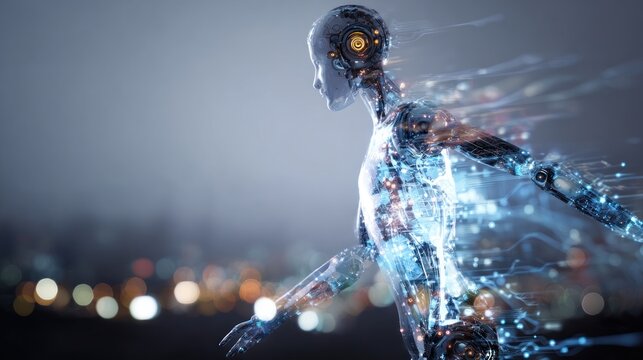 Futuristic cyborg figure with glowing lights against a blurred background