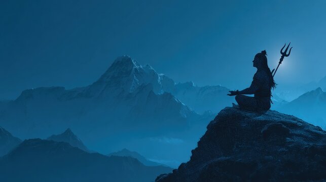 Meditating figure silhouette on rock peak with trident against mountainous landscape