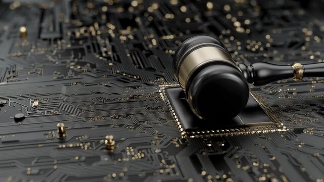 A gavel is shown on a circuit board. The gavel represents law while the circuit board symbolizes technology in a unique location.