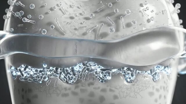 Close-Up of Transparent Gel Layer Interacting with Water Droplets on a Smooth Surface for Skincare and Cosmetic Visuals