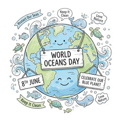Fototapeta premium Earth's oceans on World Oceans Day with smiling globe surrounded by sea creatures