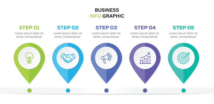 Set of business infographic template 5 steps with map pointer process chart. horizontal roadmap timeline diagram with location Pins for presentation. vector illustration.