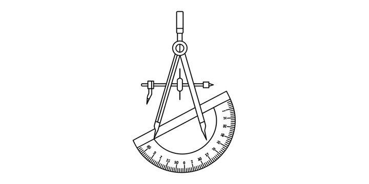 Metal geometry compass and protractor tool for mathematics and drawing Vector, illustration