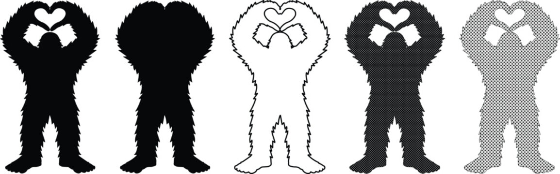 Bigfoot Love Heart Hands Silhouette Vector Set. Mythical Creature Sasquatch Graphic, Black and White, Grey Hues. Cryptid Icon Collection for Wilderness, Adventure, and Mystery Themes.