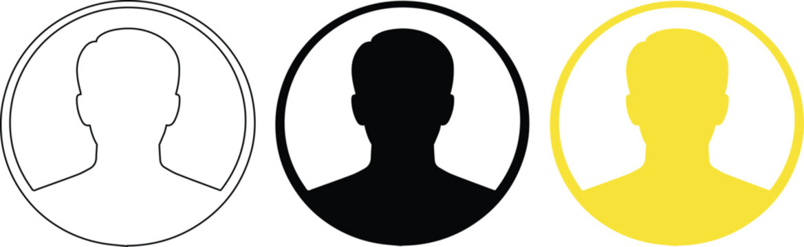 User profile avatar icon set, three distinct person silhouette vectors for web and app design. Modern, minimalist user account symbols, black, yellow