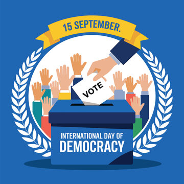 International day of democracy concept featuring people raising hands to cast votes into a ballot box with laurel wreath graphics for political awareness events