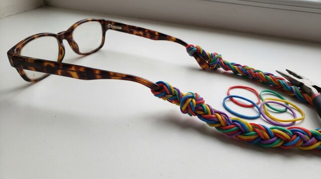 DIY Eyeglass Strap Made From Colorful Rubber Bands and Braided Cord.