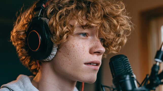 A focused gamer wearing noise-cancelling headphones and using a professional microphone, immersed in an intense gaming session with advanced audio equipment.
