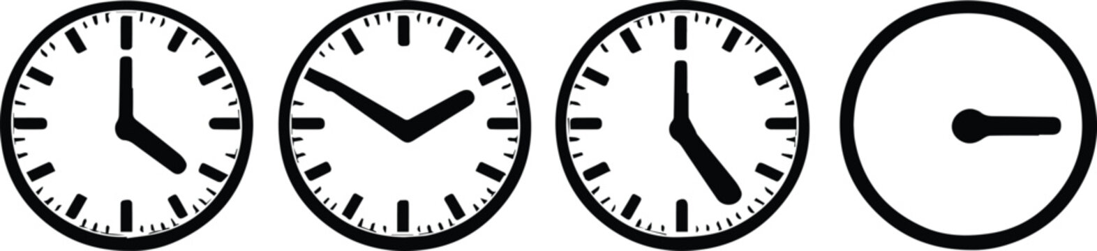 Minimalist Clock Icon Set, Four Black and White Timepiece Vectors, Simple Analog Watch Faces for Scheduling and Deadlines, Modern Graphic Resource for Business and Technology
