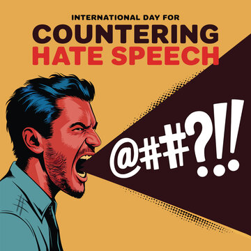 International day for countering hate speech concept with aggressive man shouting profanity symbols in a retro comic book style illustration for social awareness