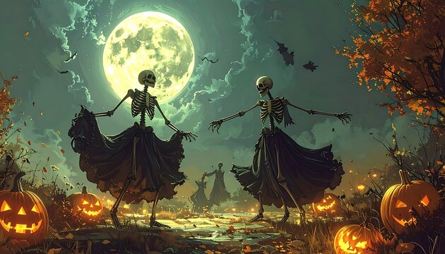 A haunting Halloween scene with dancing skeletons and jack-o-lanterns