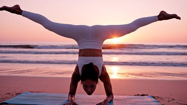Woman doing a handstand split on a yoga mat at the beach during sunset.