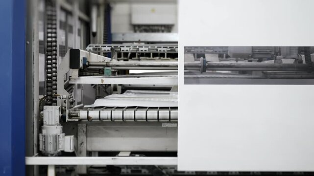 Automated machine laminating wooden furniture panels in factory production. Industrial woodworking process and panel manufacturing close up.
