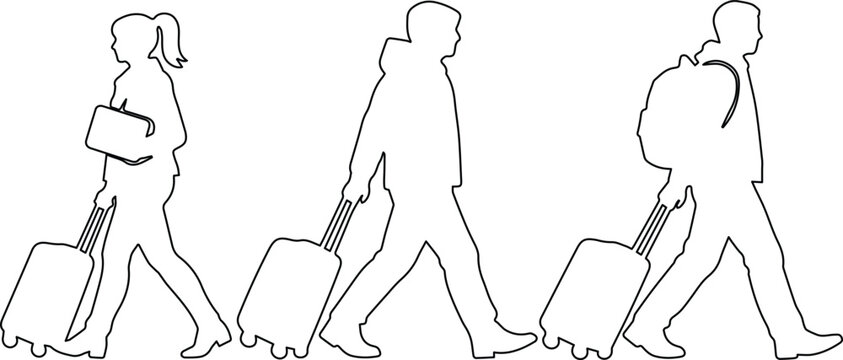 Traveler silhouettes, diverse people walking with luggage, modern vector outlines for journey and tourism concepts. Airport passengers, vacationers, and business travelers with bags