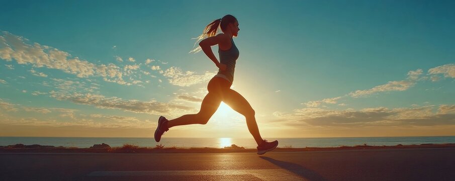 Strong female athlete is running with determination against the vibrant backdrop of a stunning sunset over the ocean.