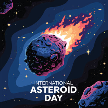 International asteroid day celebration poster featuring a flaming meteorite streaking through a dark blue cosmic space background with glowing stars and celestial texture