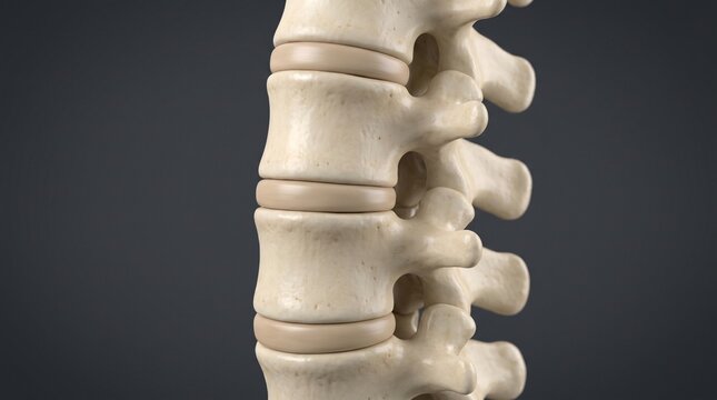 3D Render Human Spine Vertebrae Anatomy Model on Dark Background Close Up