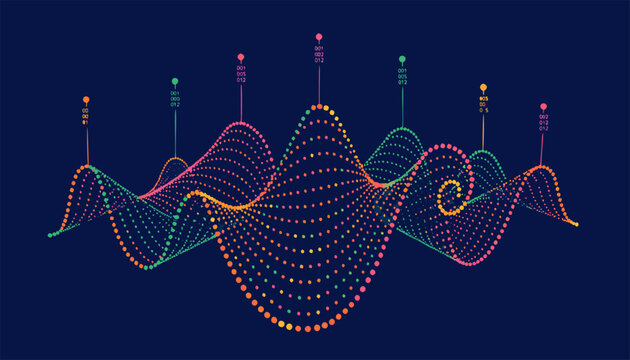 Futuristic Big Data Visualization with Glowing Neon Wave Graphs and Infographic Elements.eps