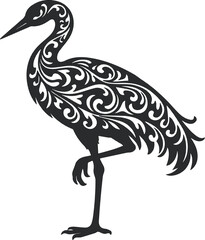 Fototapeta premium Elegant ornamental crane vector, decorative heron silhouette, intricate bird design for laser cutting and engraving, sophisticated nature-inspired graphic resource