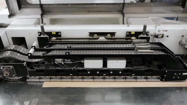 Automated woodworking machine processing a wood panel in furniture production. Industrial manufacturing line and modern factory equipment close up.