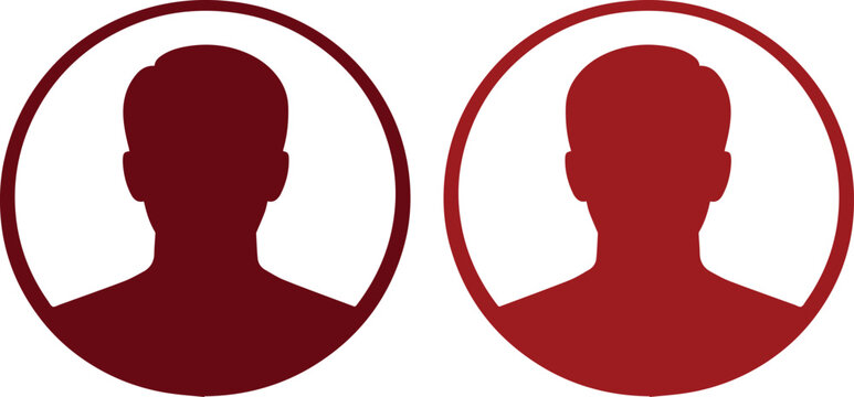 User profile avatar icons, two dark red male head silhouettes in round frames. Anonymous person placeholder vector graphics for web and app design.