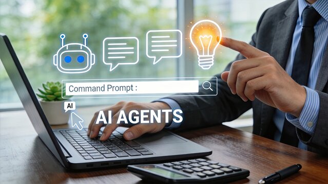 Businessman using AI agents on laptop, digital transformation concept with command prompt interface and futuristic icons for automation and innovation in modern office environment.