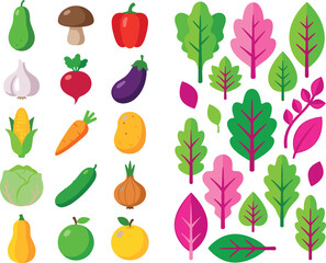 Fototapeta premium Colorful Vegetable and Leaf Icon Collection Featuring Organic Healthy Farm Fresh Produce and Botanical Nature Illustrations