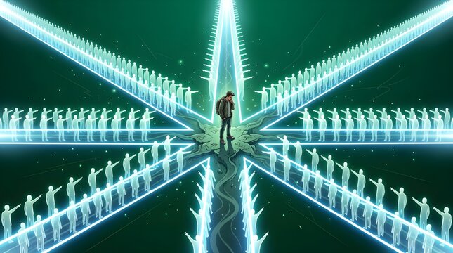 Man Standing in Center of Crossroads Accused and Blamed by Lines of Pointing Glowing Figures
