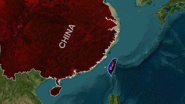 Animated motion graphic depicting a conceptual geopolitical tension between China and Taiwan