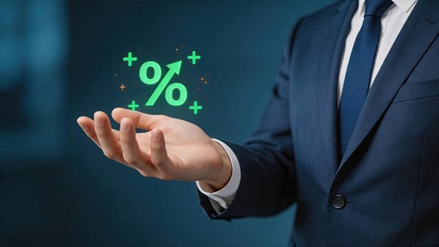 Businessman hand holding green percentage symbol with plus signs, representing interest rates, profit margin, investment return, financial calculation, banking loan and economic