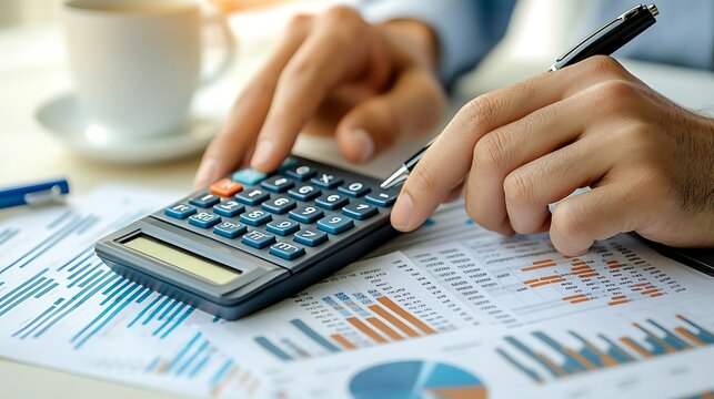 male hands operating a professional financial calculator resting on a printed financial report with colorful charts and data tables