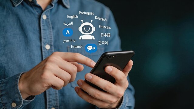 Person using smartphone with AI translation app, multilingual communication concept, global connectivity, digital language learning, futuristic technology interface, diverse