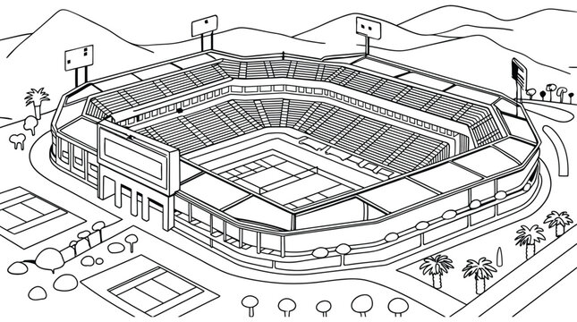 Line drawing of a baseball stadium with palm trees