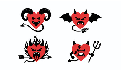 Fototapeta premium Rebellious devil heart icon vector set with gothic horns and Valentine graphics